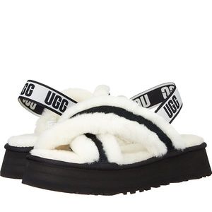 UGG White and Black Fluff Sandal with Logo Slingback